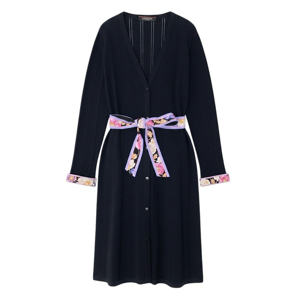 81e19 【美品】 LEONARD FASHION レオナール ロング ニットカーディガン カンカン素材切替 リブニット 長袖 花柄プリント サイズ38 ブラック レディース 女性用u02t