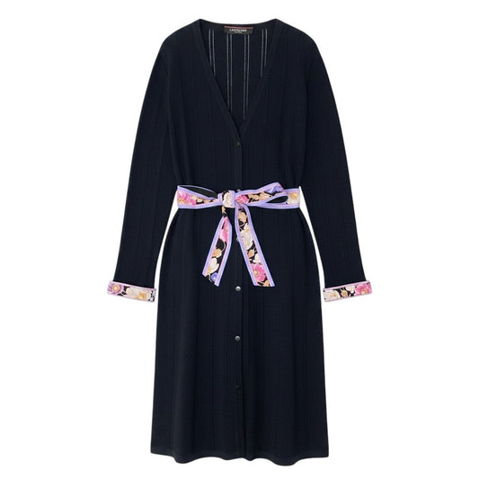 81e19 【美品】 LEONARD FASHION レオナール ロング ニットカーディガン カンカン素材切替 リブニット 長袖 花柄プリント サイズ38 ブラック レディース 女性用u02t