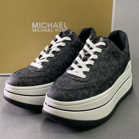 7f6 《未使用品》 MICHAEL KORS マイケルコース HAYES LACE UP プラットフォーム モノグラムスニーカー US6.5 ブラック 厚底 シューズ 箱付き