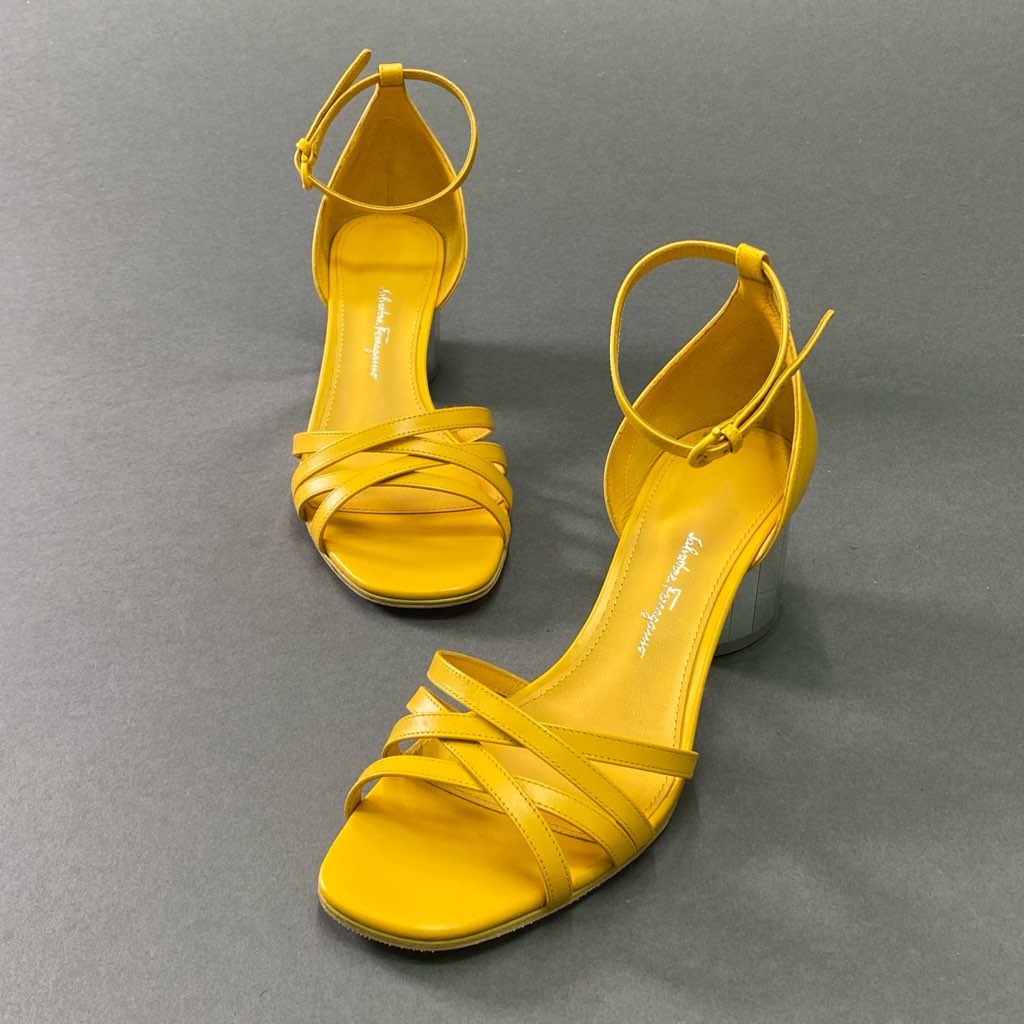 1e10 《美品》 Salvatore Ferragamo サルヴァトーレ フェラガモ ミラーヒール アンクルストラップ サンダル 6 1/2 イエロー レザー シューズ 箱付き 夏