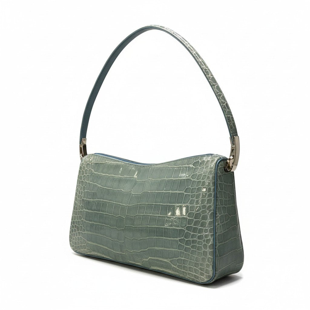 ac21 Sanpo サンポー シャイニングクロコ 2WAY バッグ ブルー 本クロコ Crocodile Leather Bag 鞄 カバン チェーンショルダーt18r