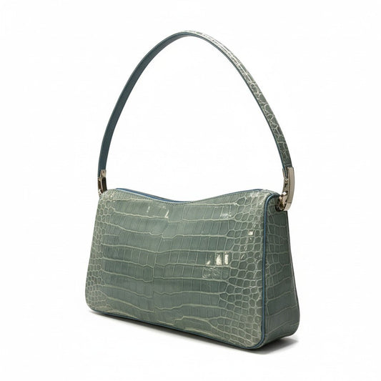 ac21 Sanpo サンポー シャイニングクロコ 2WAY バッグ ブルー 本クロコ Crocodile Leather Bag 鞄 カバン チェーンショルダーt18r