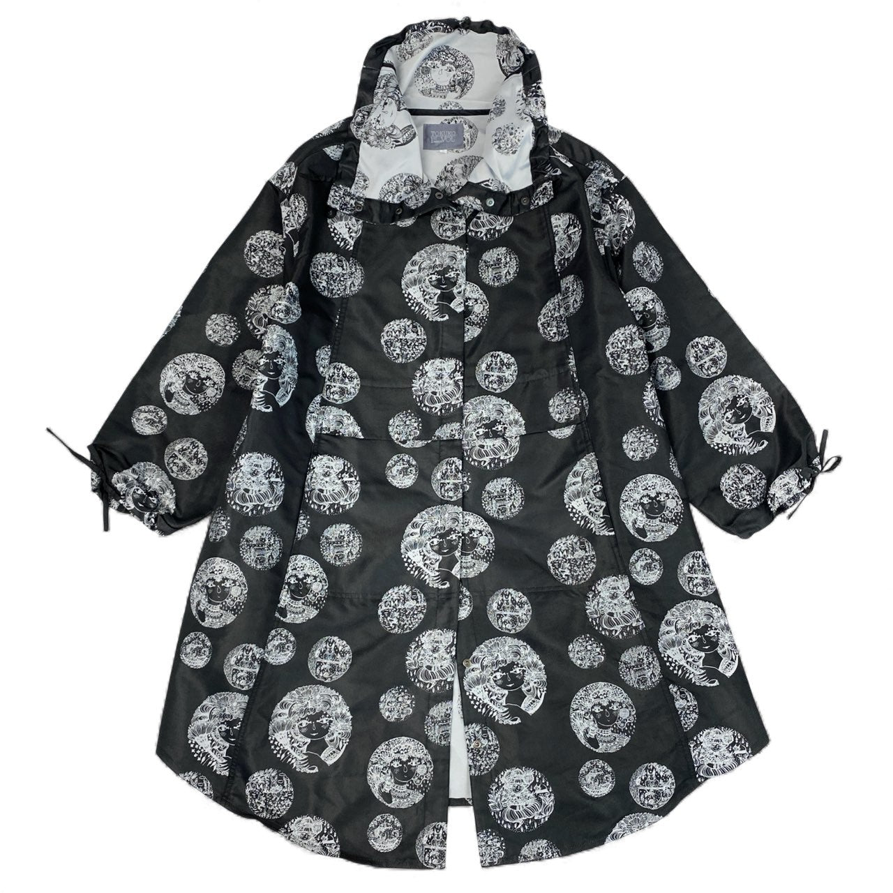 82k28《美品》 TOKUKO 1er VOL トクコプルミエヴォル 薄手コート スプリングコート ロング丈 総柄プリント 9号 ブラック系 ポリエステル レディースu02t