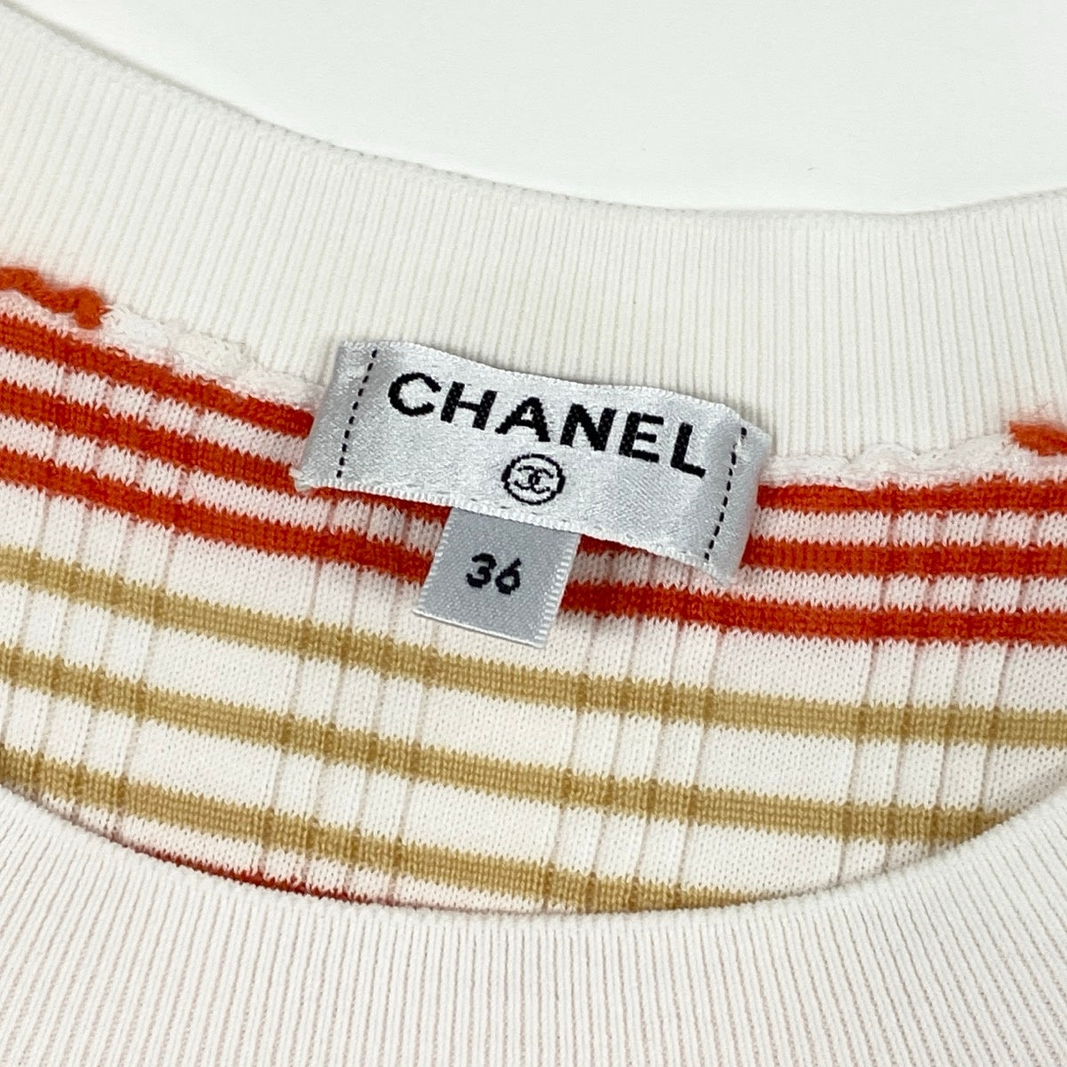 Ce27 【美品】 CHANEL シャネル ココマーク クルーネック 半袖サマーニット ボーダー柄 P70351 サイズ36 マルチカラー レディース 女性服ta1