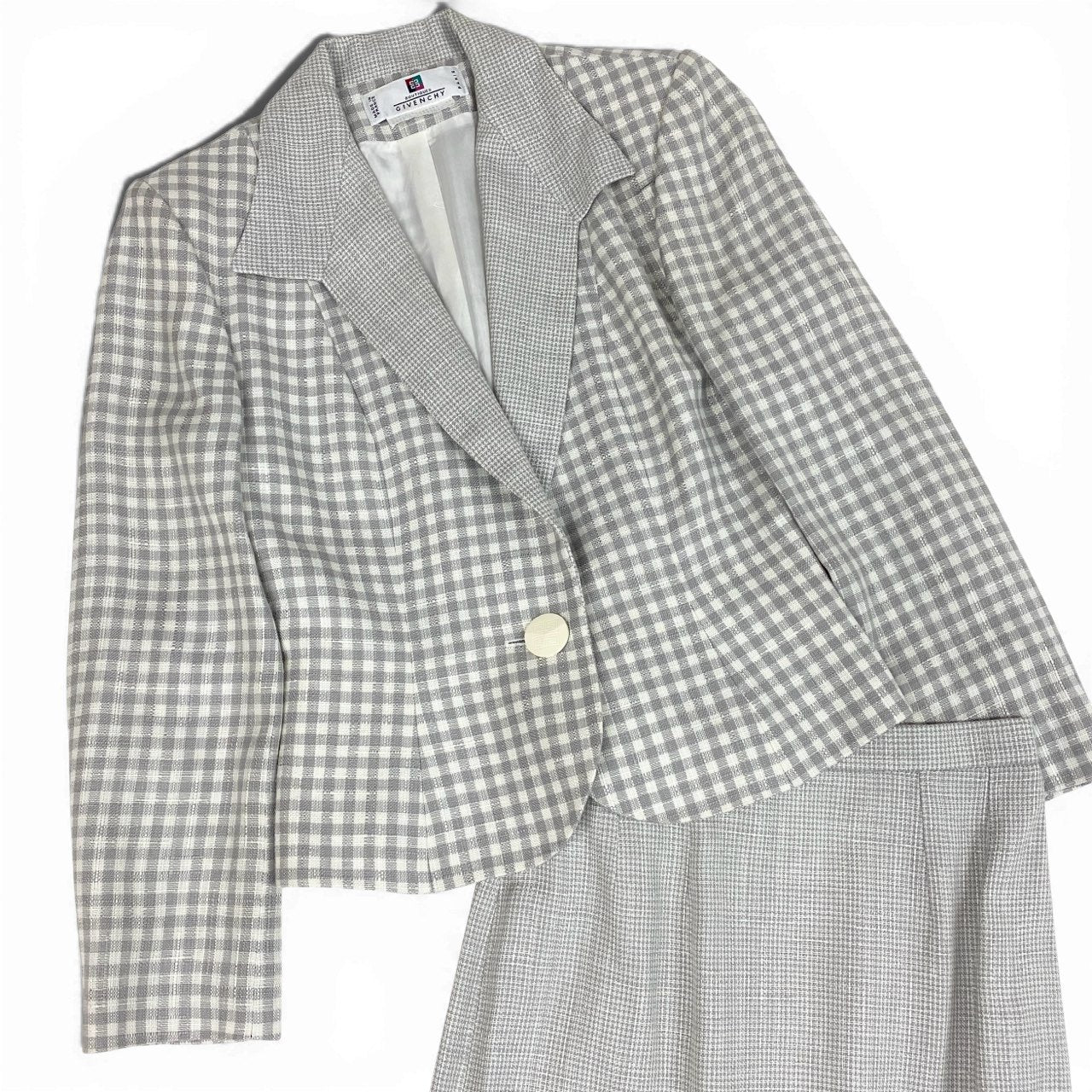 4b4 Vintage GIVENCHY ジバンシー フランス製 セットアップ スカートスーツ ランダムチェック 36 グレー系 レディースu02t