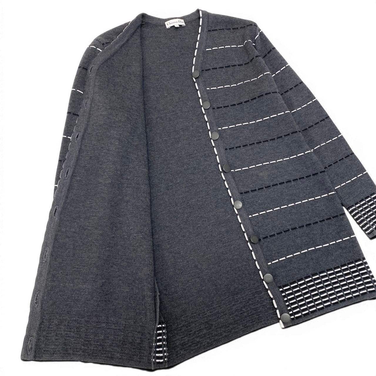 84e29 Christian Dior クリスチャンディオール ロング ニットカーディガン  ボーダー KW30N4027 サイズM グレー ウール×レーヨン レディース 女性服o07t