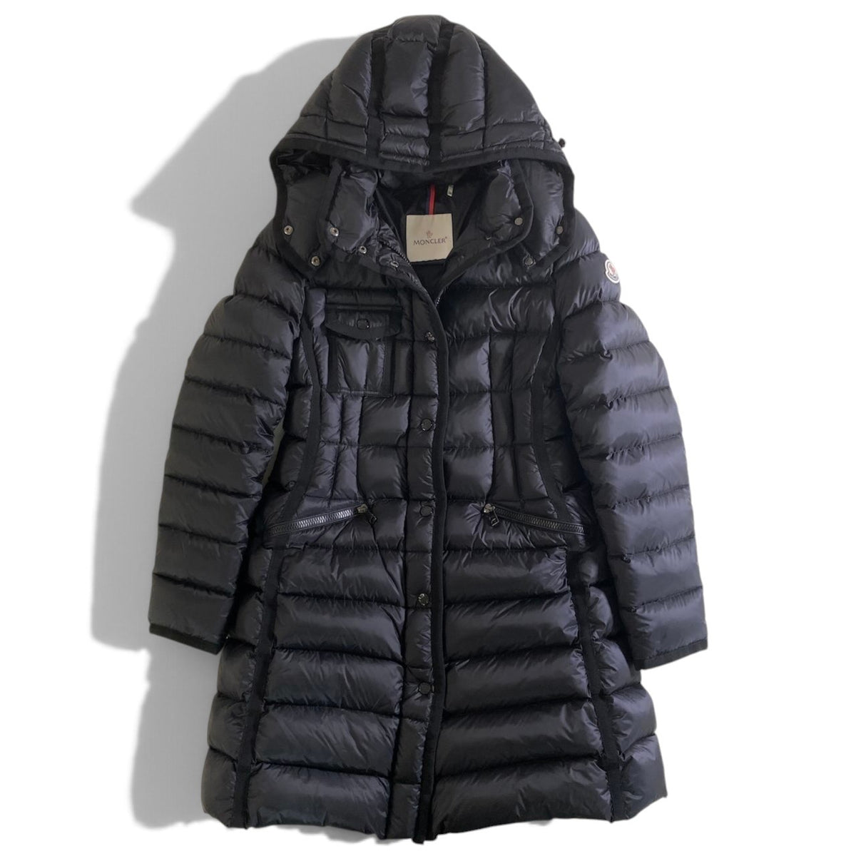 34j26 《未使用保管品》 MONCLER モンクレール HERMINE エルミンヌ Aライン ダウンコート Size 2 ブラック フード着脱可t18r