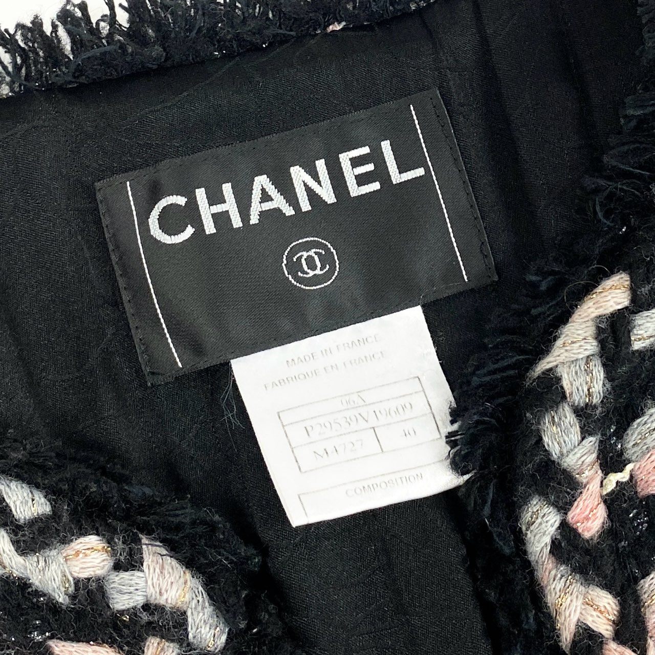 85b9 CHANEL シャネル 2006 ラメツイードジャケット ニットジャケット ノーカラー P29539 40 ブラック系 レディースta1