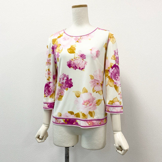 46e9 【美品】LEONARD レオナール 花柄プリント カンカン素材 長袖カットソー ブラウス サイズ38 レディース 女性用 トップス
