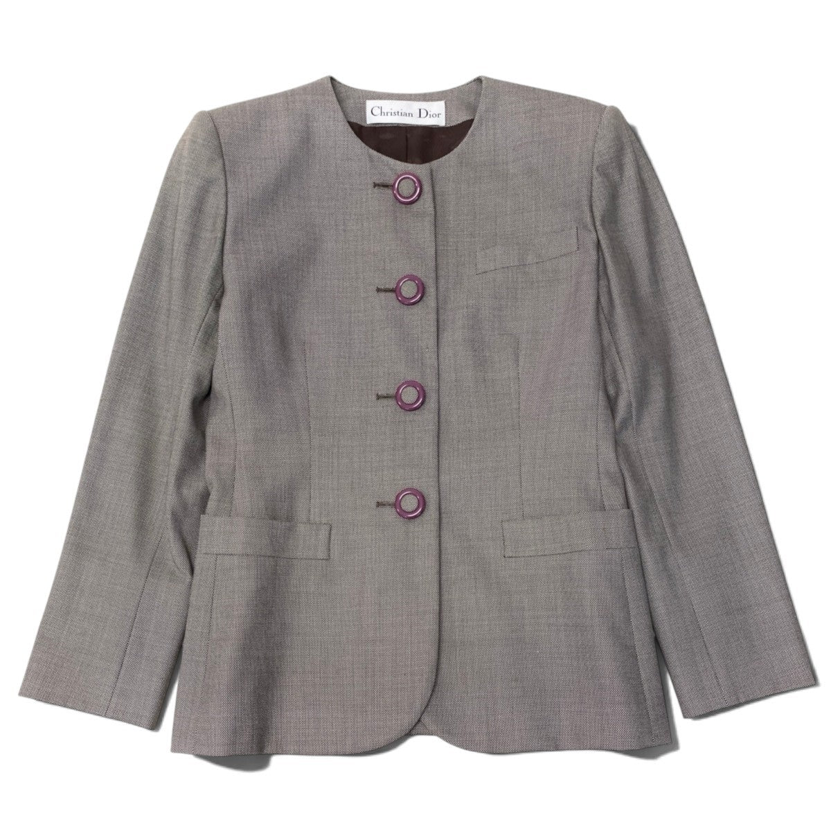 K Ei13 Christian Dior クリスチャンディオール ノーカラージャケット ウールジャケット くるみボタン ブラウン系 レディースo07t