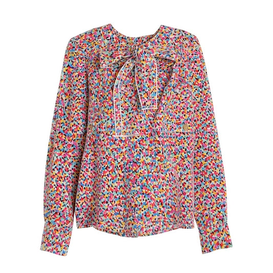 i25 【美品】CHANEL 1991年 ボウタイブラウス シルクブラウス カットソー 34サイズ マルチカラー シルク100％ レディース 女性用u02t