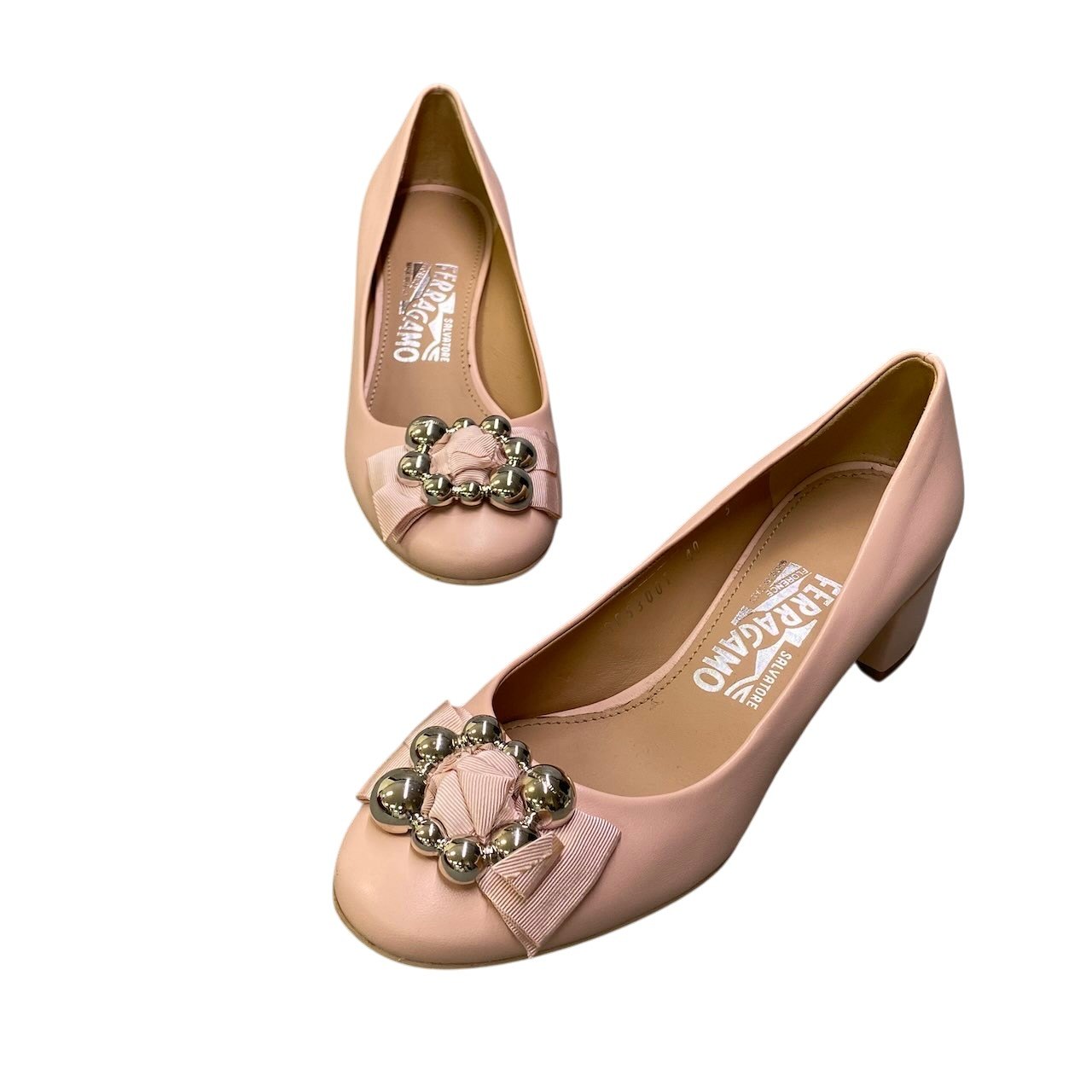 2e18 Salvatore Ferragamo サルヴァトーレフェラガモ ラウンドトゥ ヒールパンプス チャンキーヒール サイズ5 1/2 ピンク レディース 女性靴u02t