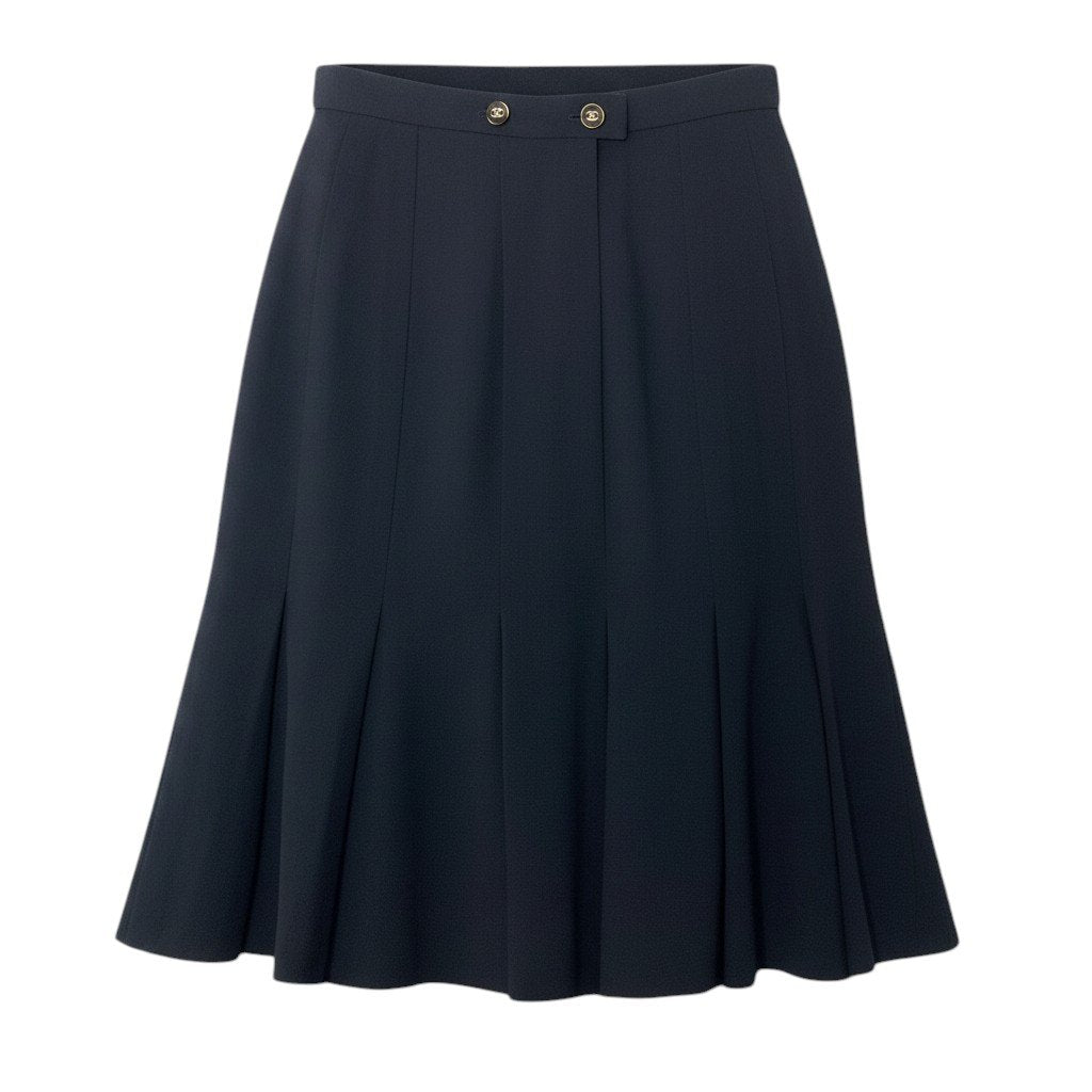 Cd22 CHANEL BOUTIQUE シャネル プリーツスカート ひざ丈スカート ココマークボタン  ネイビー ウール100％ レディース 女性服u02t