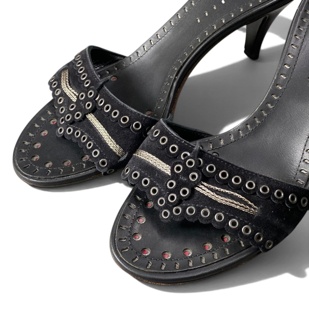 h12 CHANEL ハトメスタッズ キトンヒールミュール サンダル 36 1/2サイズ ブラック レディース 女性用k02i