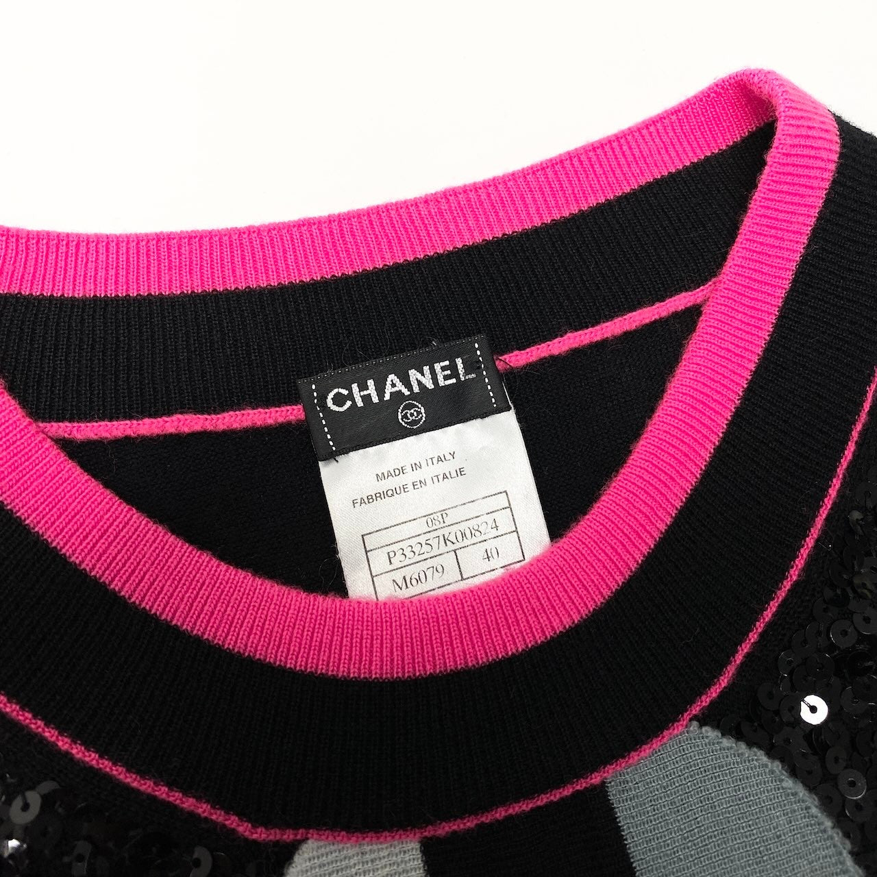 C CHANEL シャネル カシミヤニットワンピース スパンコールデザイン ランウェイ着 P33257K00824 40サイズ ブラック ピンク カシミヤ100％ レディース 女性用nu1