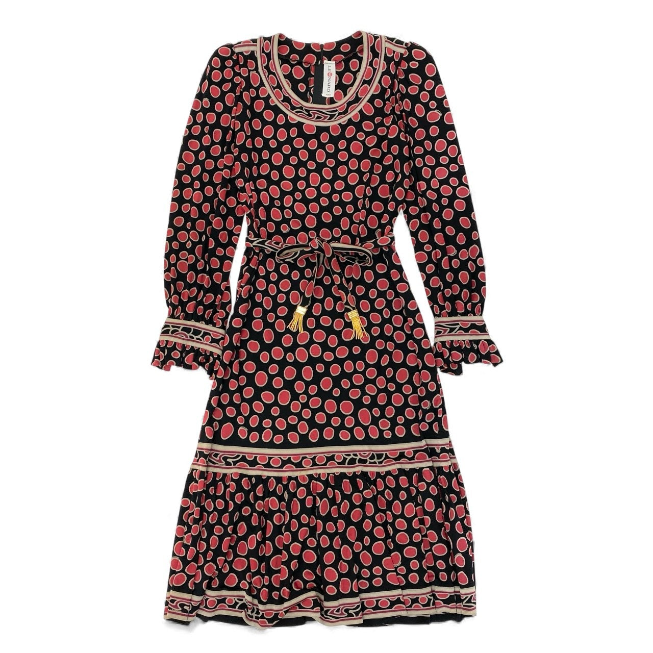 20L2 フランス製 LEONARD レオナール 長袖ワンピース ロングワンピース トップス ドット柄 ブラック レッド レディースu02t