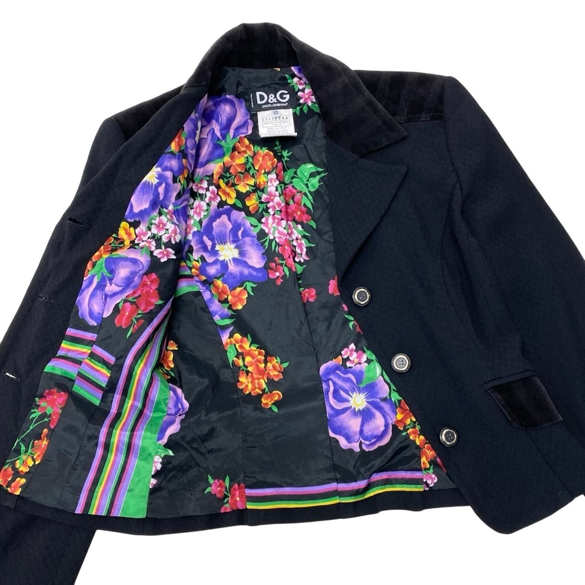 11i28 D&G DOLCE&GABBANA ドルチェアンドガッパーナ 00’s テーラードジャケット 異素材切替 花柄裏地 イタリア製 42サイズ ブラック レディース 女性用u02t