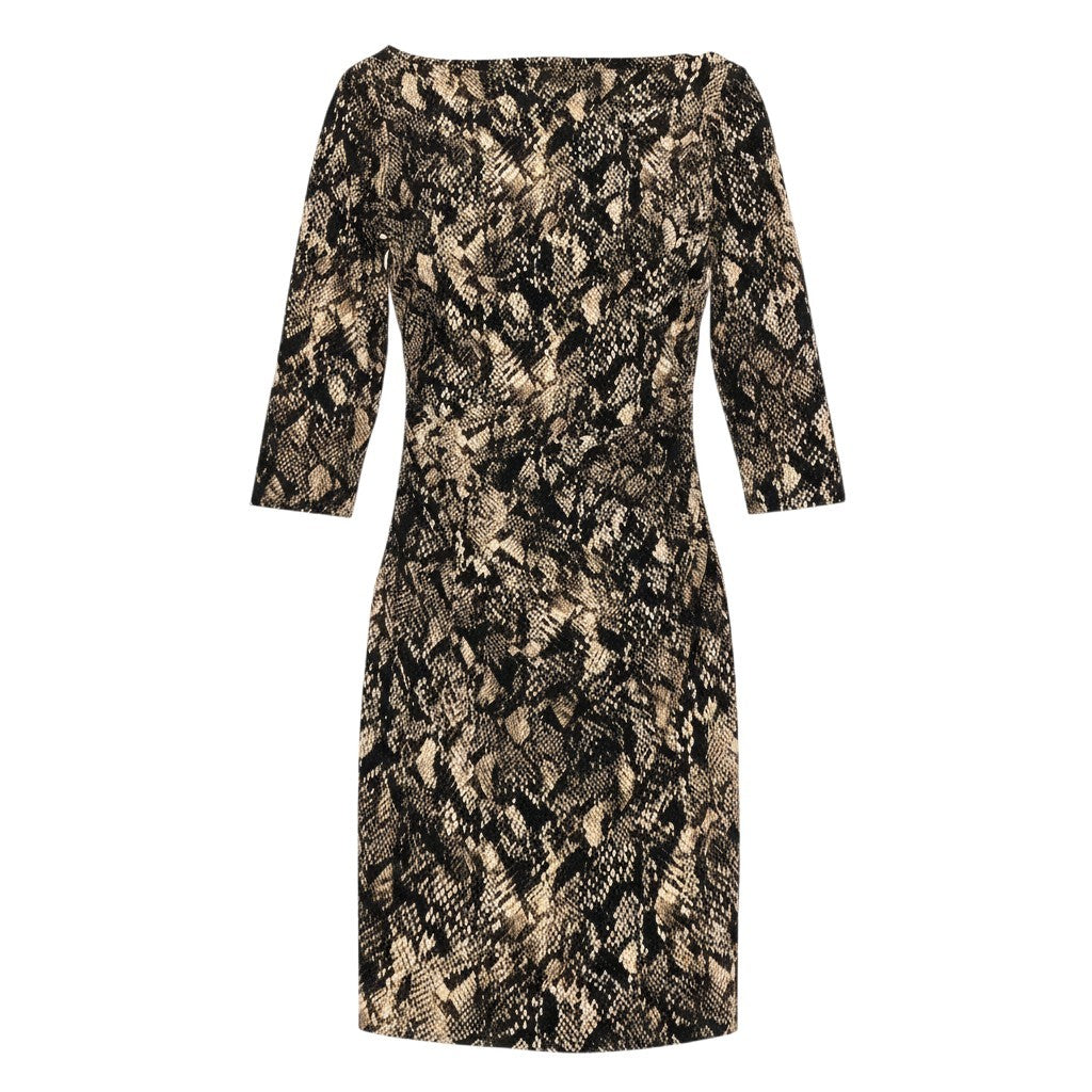 44d27 LAUREN RALPH LAUREN DRESS ローレン ラルフローレン ドレスワンピース パイソンプリント ロングワンピース ボートネック ストレッチ素材 サイズ12 ベージュ ブラック レディース 女性用o07t