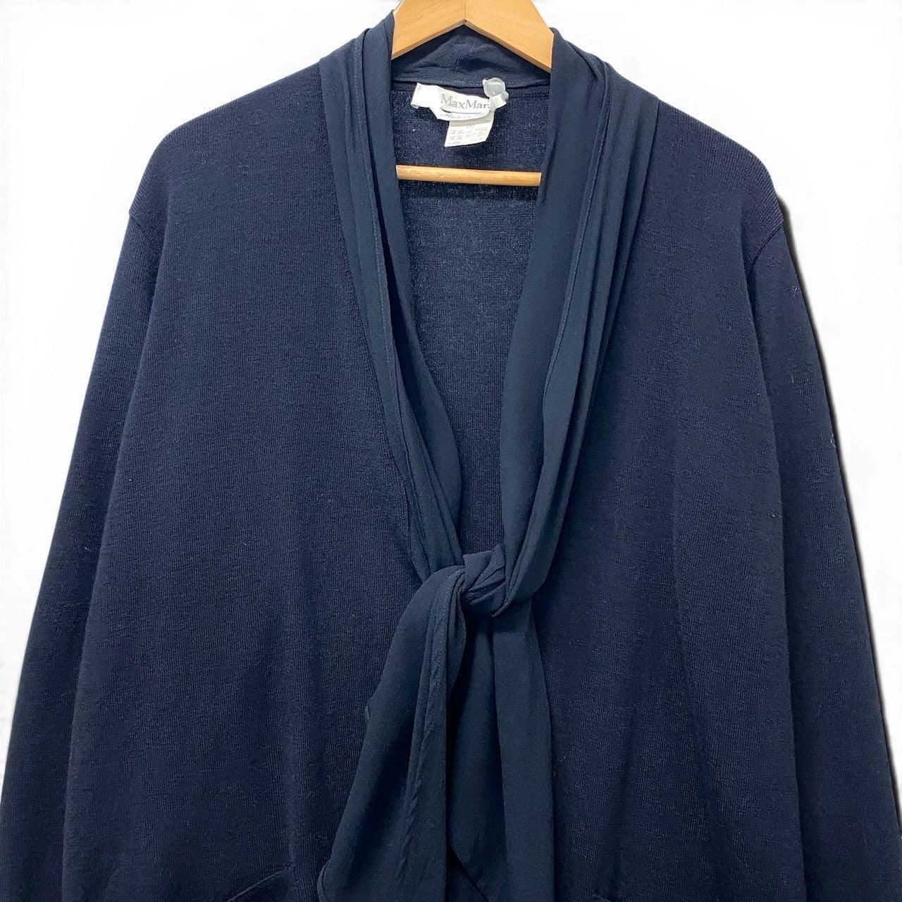 82f16 Max Mara マックスマーラ ロングニットカーディガン 異素材切替 ウールニット ネイビー レディース 女性用u02t