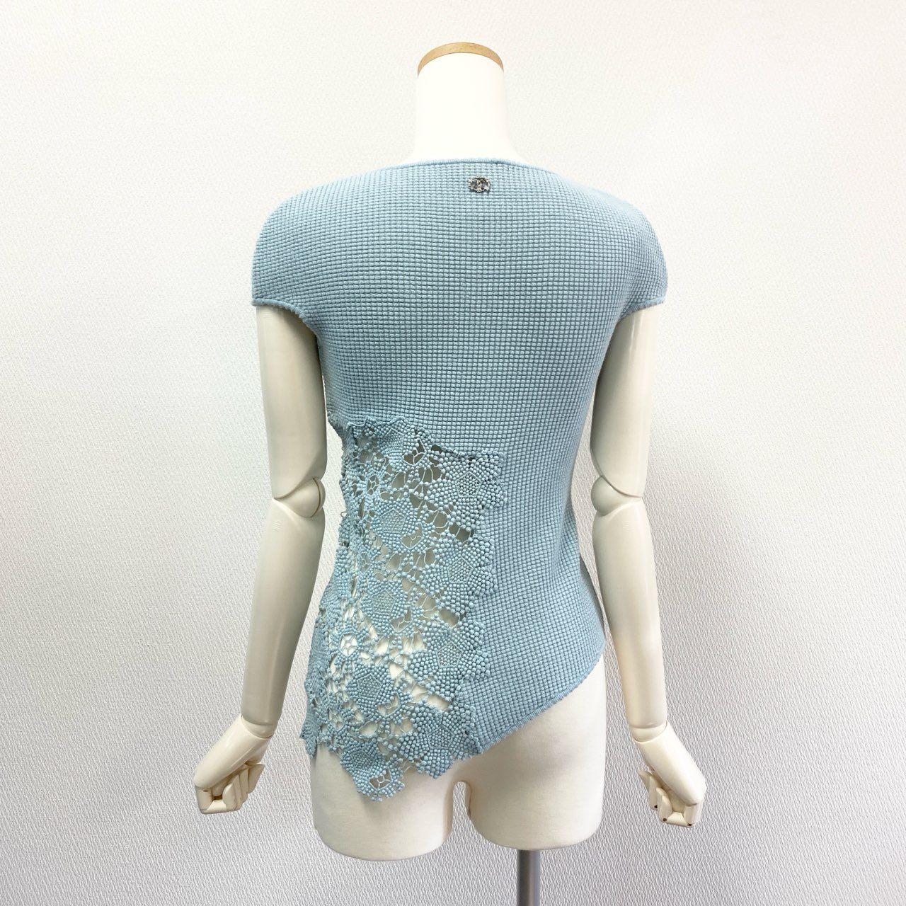 15K18 【美品】CHANEL シャネル 2014SS レース切替 ワッフルカットソー P41341K03047 サイズ34 ブルー系 レディース 女性用 トップスk02i
