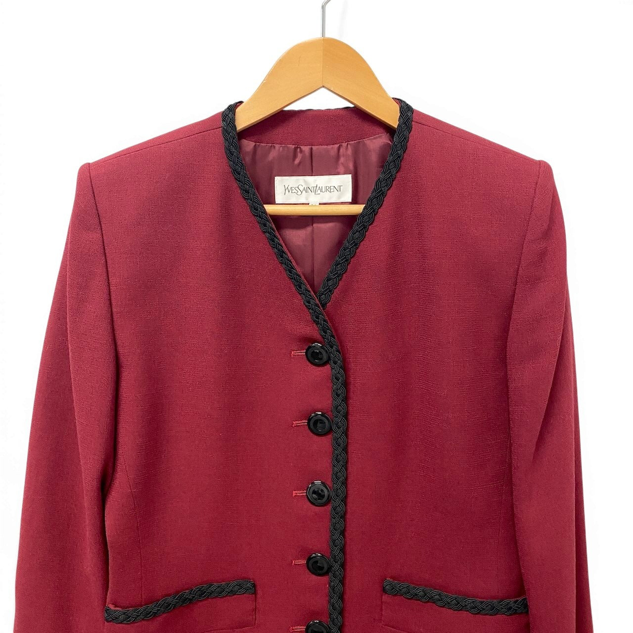 3g2 YVES SAINT LAURENT イヴサンローラン ノーカラージャケット ウールジャケット 編み込みトリム サイズ36 ワインレッド レディース 女性用u02t