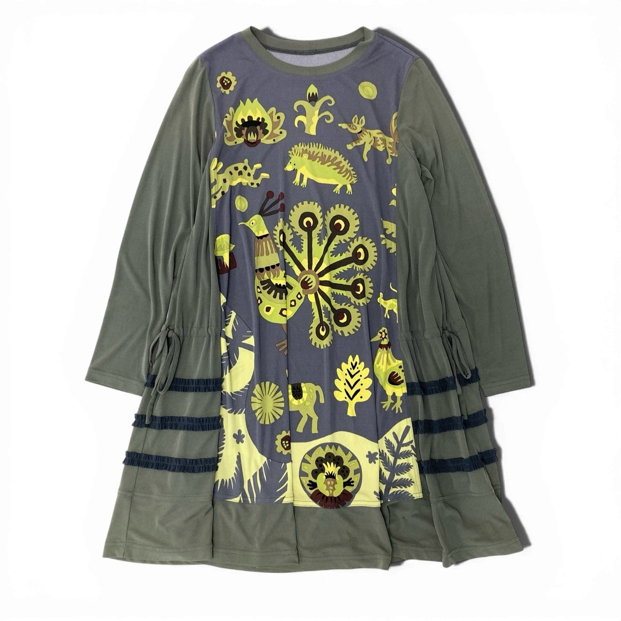 17c2 TOKUKO 1er VOL トクコプルミエヴォル ノースリーブワンピース 膝丈ワンピース アニマルプリント 総柄 ストレッチ レディース 女性服 サイズ9 カーキu02t