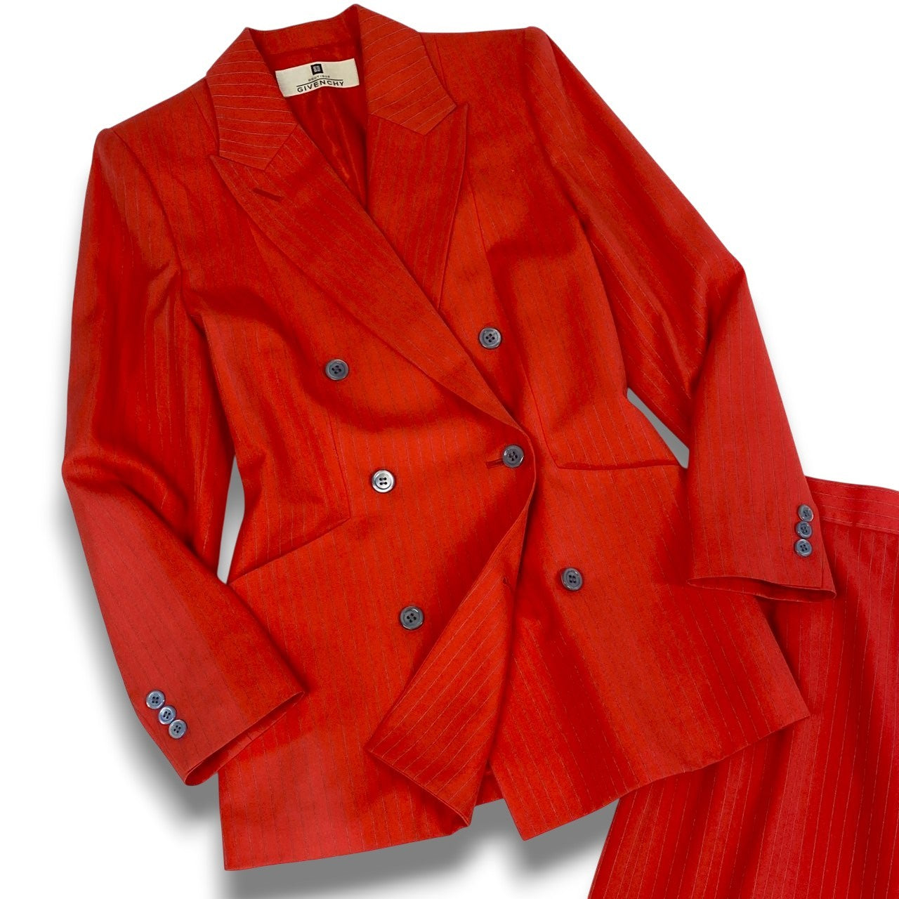 28b20 Vintage GIVENCHY ジバンシー スカートスーツ セットアップ ダブルブレスト 38 オレンジ ストライプ ウール 裏地ロゴu02t