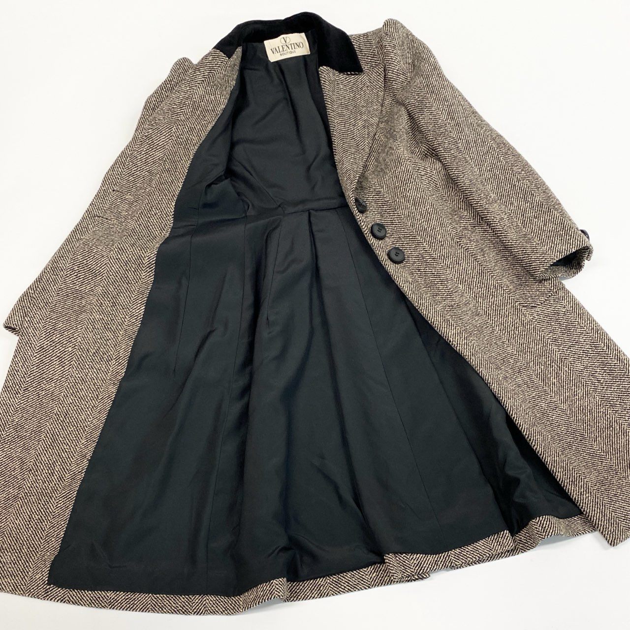 58a21 Vintage VALENTINO BOUTIQUE ヴァレンティノ ブティック チェスターコート ツイード ロングコート ヘリンボーン ウール混 レディース 女性用 サイズ6 ブラック ベージュu02t