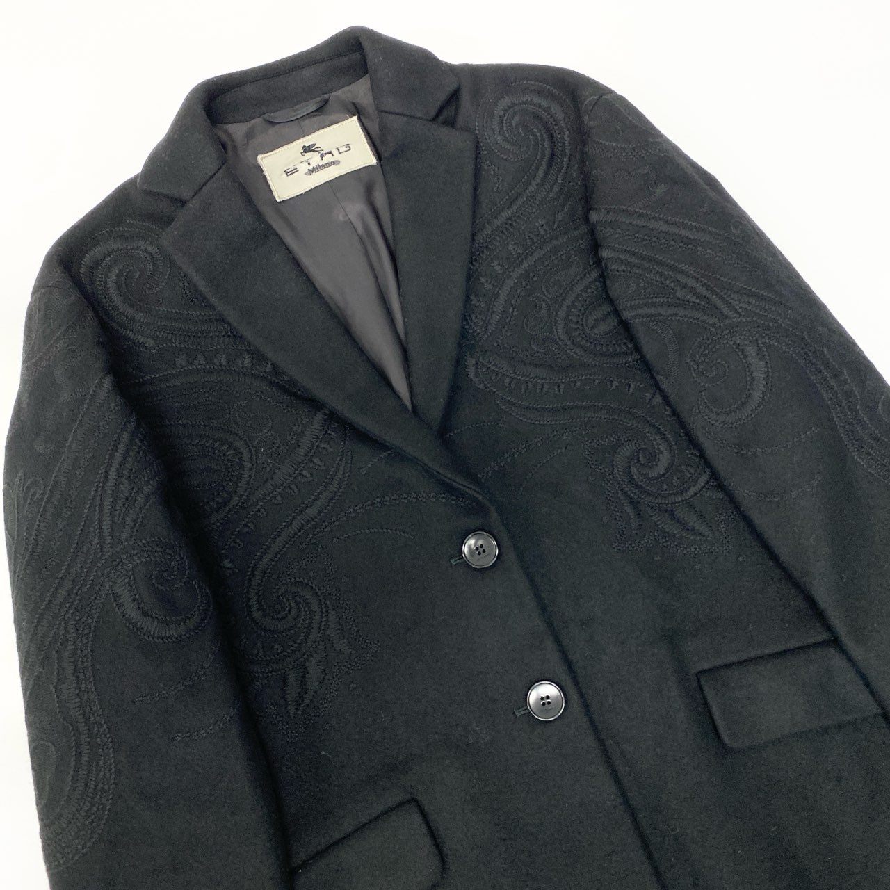 82a15 ETRO エトロ チェスターコート ロングコート ペイズリー 刺繍 ウールブレンド イタリア製 レディース 女性用 サイズ42 ブラックu02t