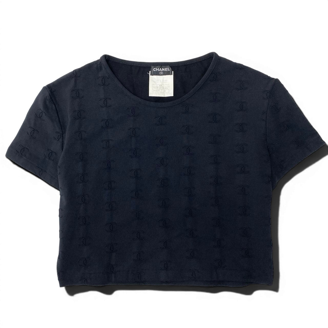 Ce8 CHANEL ヴィンテージ シャネル 97P 1997SS P07794 ココマーク チビT クロップド タイトカットソー サイズ42 ブラック レディースta1