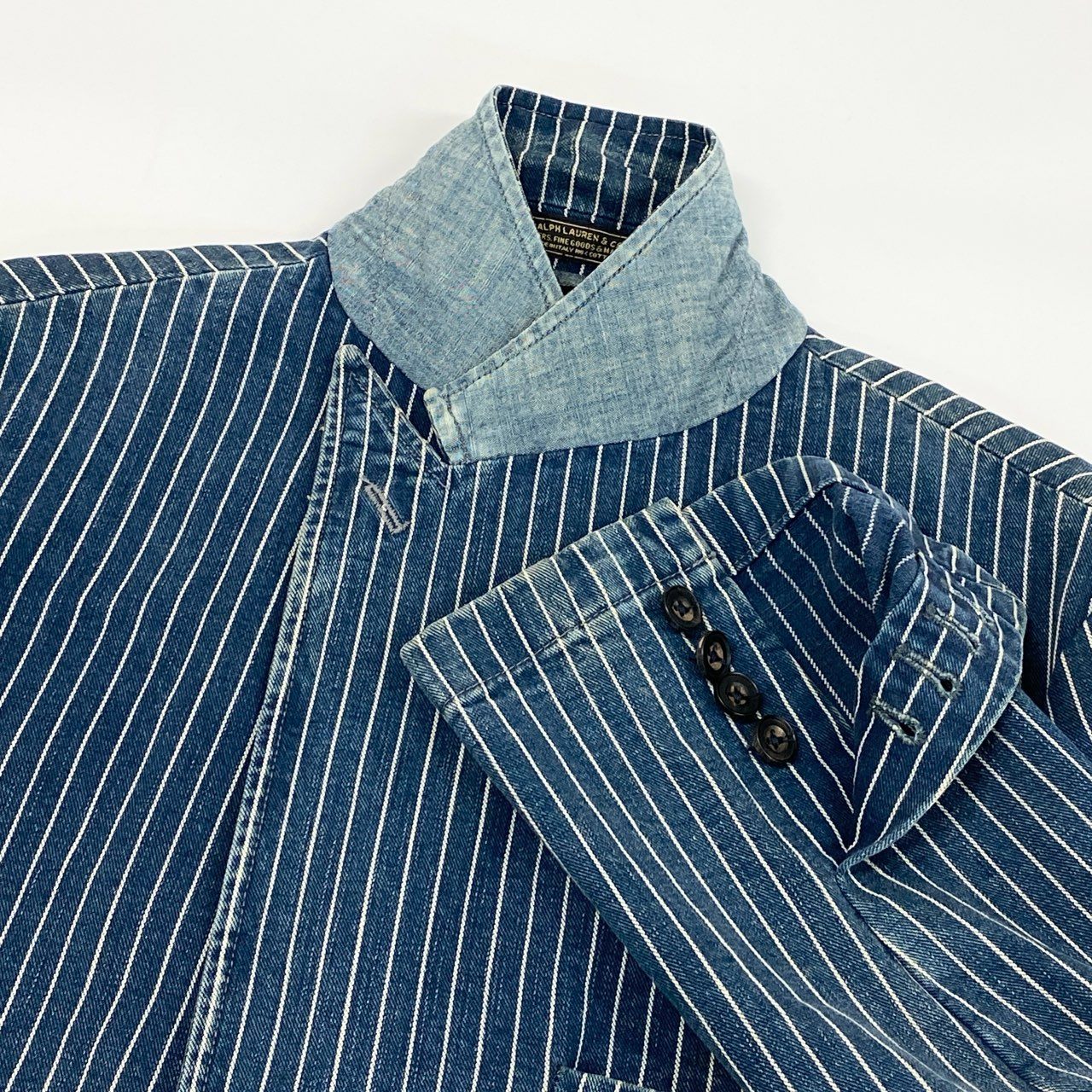 43f25 【イタリア製】POLO by RALPH LAUREN ポロバイラルフローレン 希少モデル インディゴ ヒッコリーストライプ テーラードジャケット ピークドラペル サイズ42 メンズ ドレスジャケットk02i