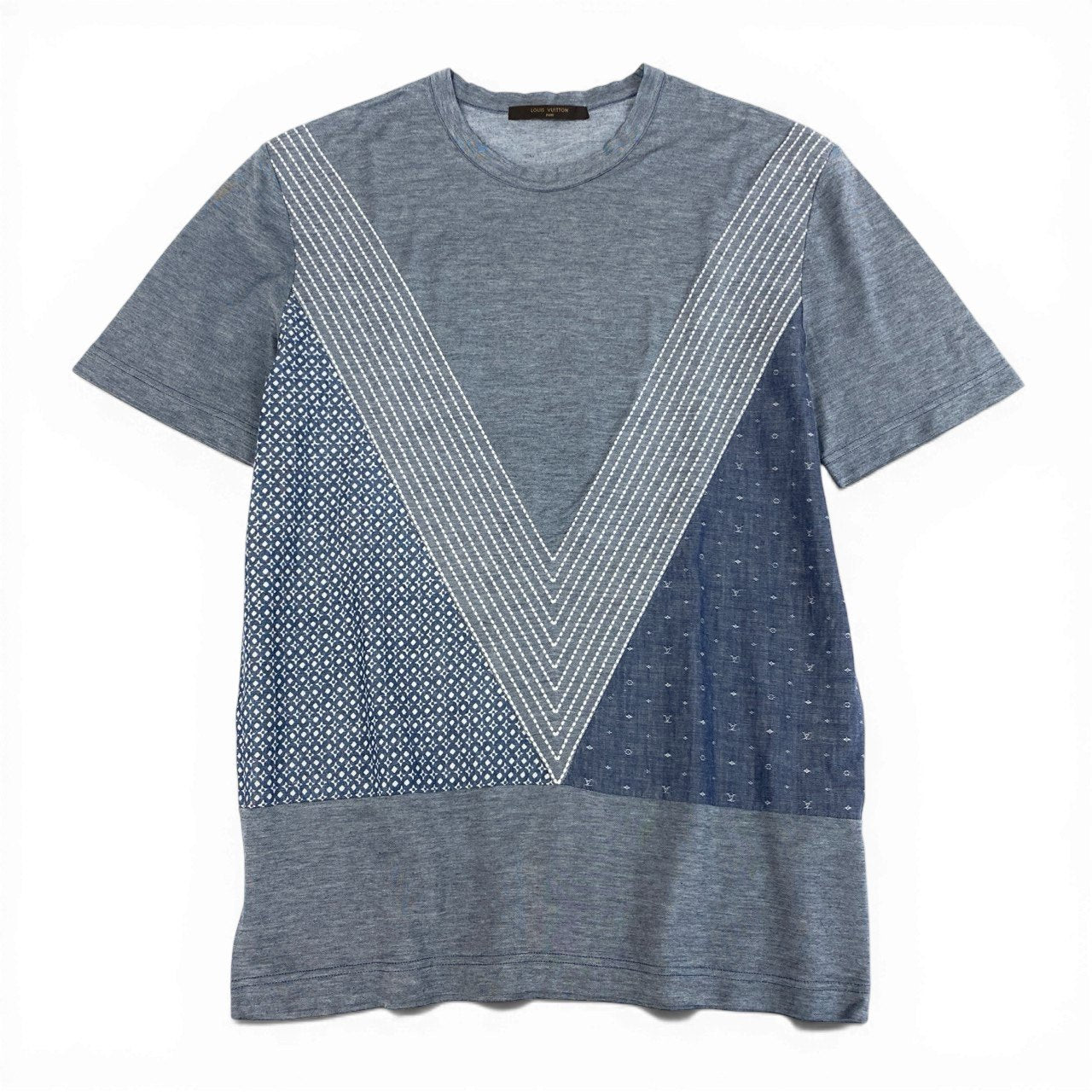 Mc18 LOUIS VUITTON ルイヴィトン パッチワーク モノグラム 半袖Tシャツ カットソー ステッチデザイン メンズ 紳士服 S ブルー系 コットン100％ta1