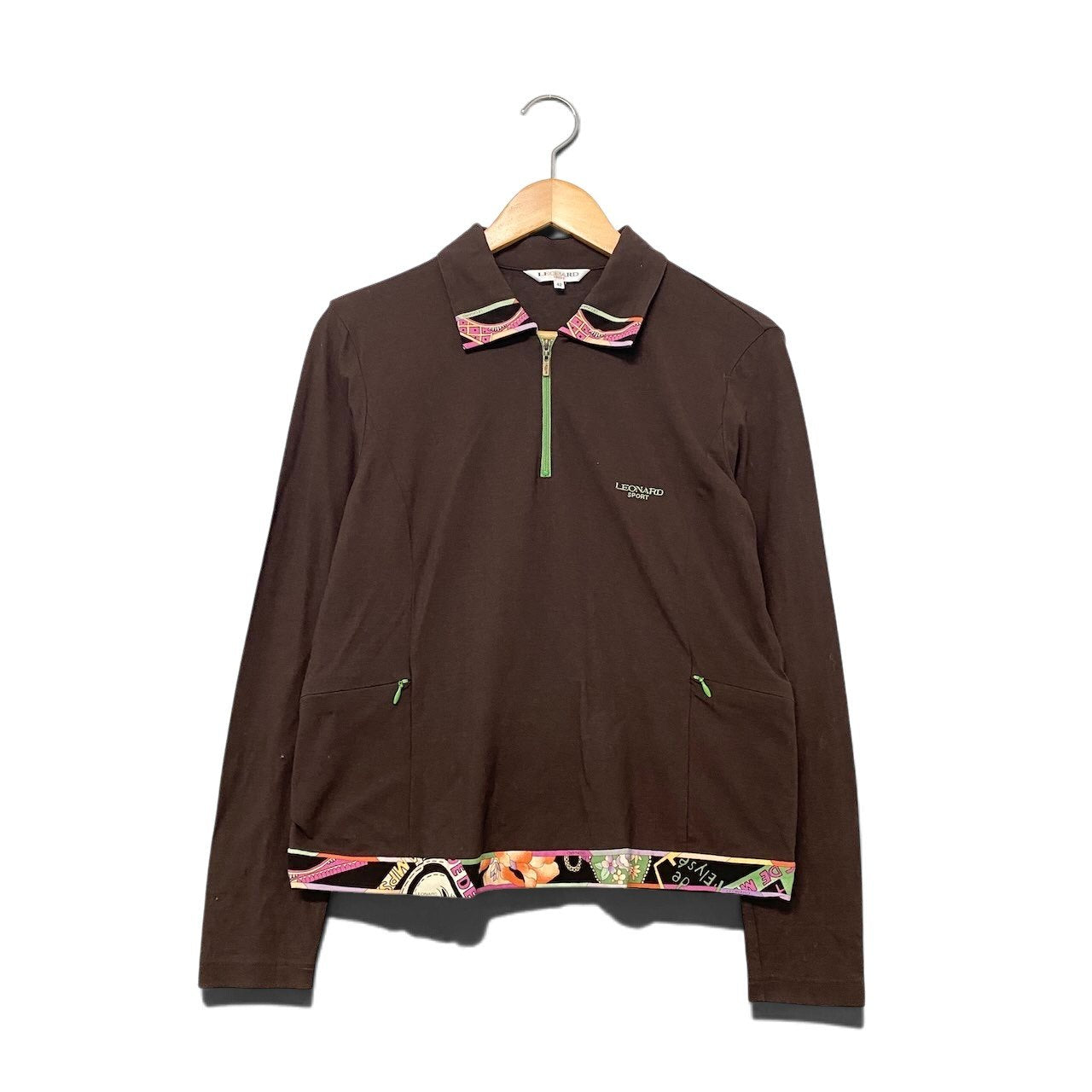 10h28 LEONARD SPORT レオナール ハーフジップ 長袖カットソー 花柄切替 伸縮ストレッチ サイズ42 ブラウン レディースu02t
