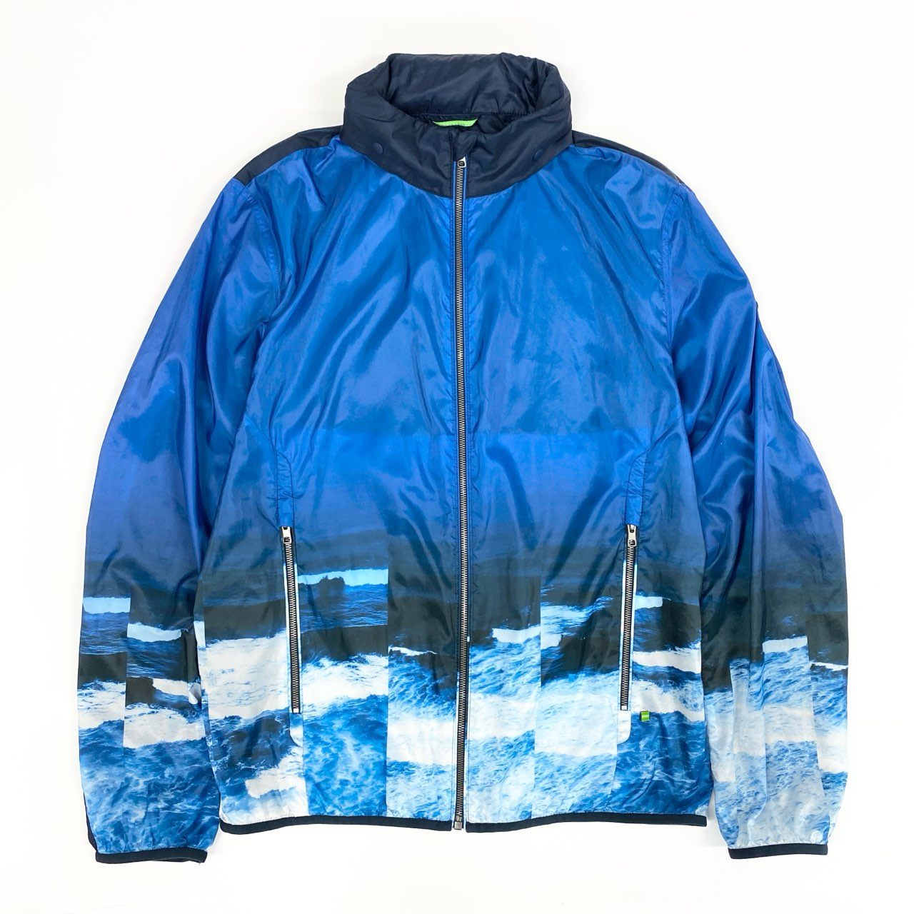 45j10 HUGO BOSS ヒューゴボス パッカブルジャケット ウィンドブレーカー ジャケット トップス 波模様 XLサイズ ブルー系 メンズu02t