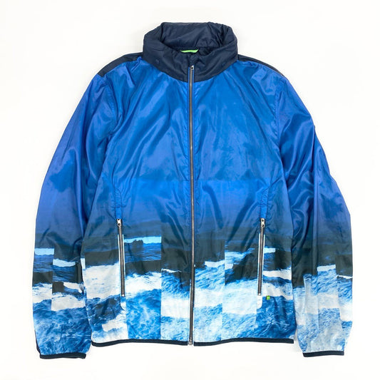 45j10 HUGO BOSS ヒューゴボス パッカブルジャケット ウィンドブレーカー ジャケット トップス 波模様 XLサイズ ブルー系 メンズu02t