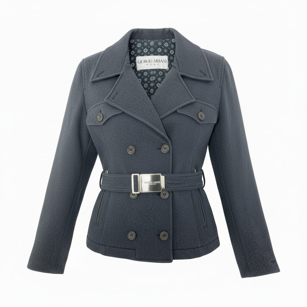 63a28 GIORGIO ARMANI ジョルジオアルマーニ ダブルブレストピーコート ジャケット アウター ウエストベルト 42サイズ ダークネイビー レディースo07t