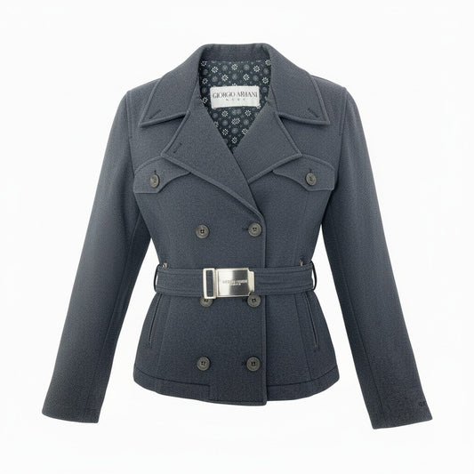 63a28 GIORGIO ARMANI ジョルジオアルマーニ ダブルブレストピーコート ジャケット アウター ウエストベルト 42サイズ ダークネイビー レディースo07t