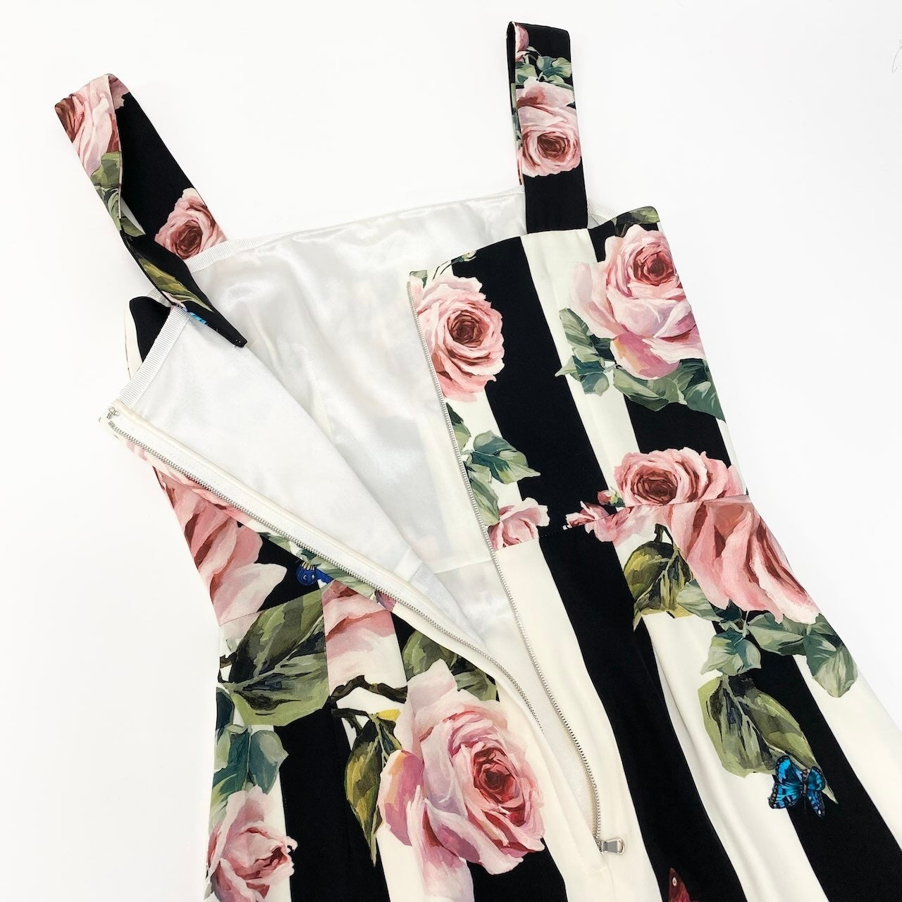 42c24 DOLCE＆GABBANA ドルチェアンドガッバーナ シルクロングドレスワンピース ノースリーブワンピース ストライプ 薔薇 蝶  36サイズ マルチカラー レディース 女性用o07t