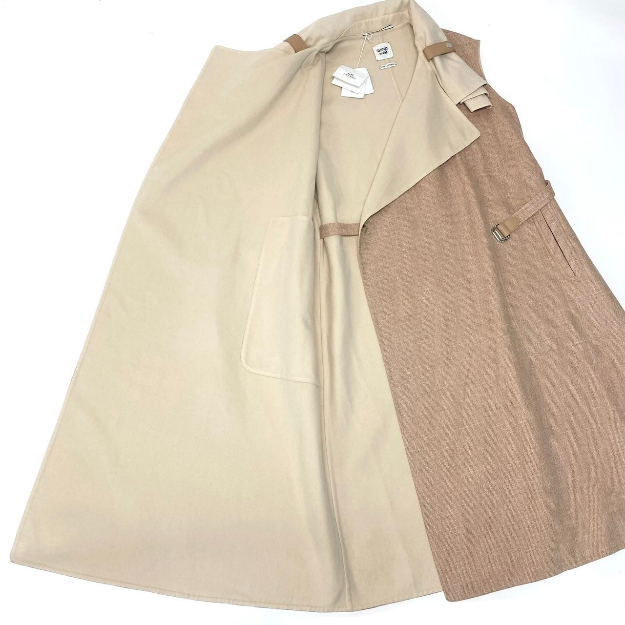E 【未使用保管品】 タグ付 HERMES エルメス ダブルフェイス ラップコート スリーブレス ロングコート 38 ピンクベージュ カシミヤ レディースnu1