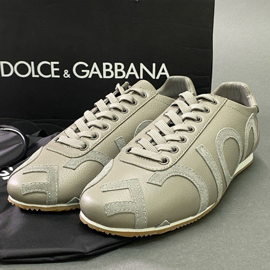 6e10 《未使用品》 DOLCE&GABBANA ドルチェアンドガッバーナ ロゴパッチ ローカットスニーカー 9 グレー レザー シューズ シューズバッグ付き 箱有
