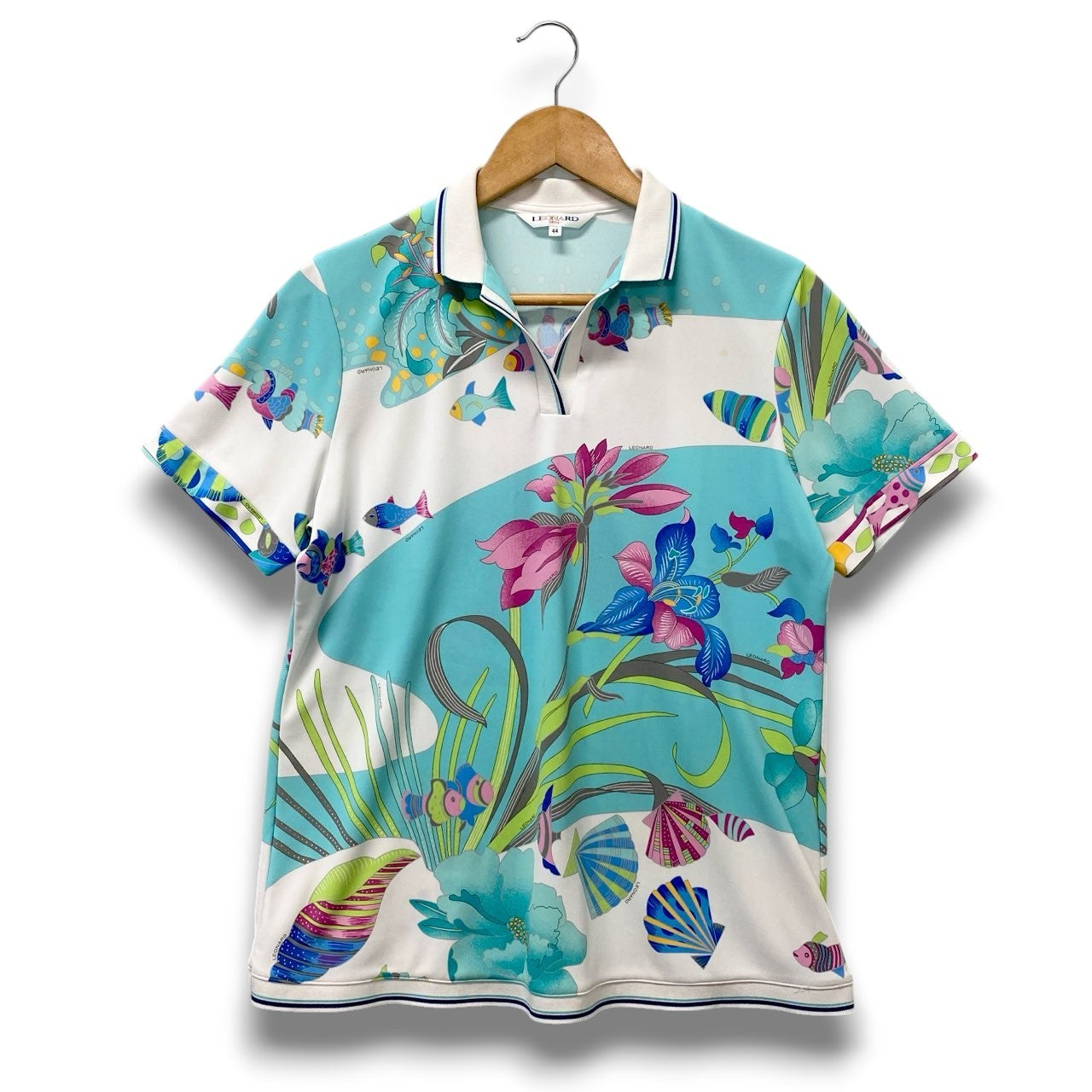 5c6 LEONARD レオナール 半袖ポロシャツ 美しいプリント 魚 花柄 0578703 44サイズ マルチカラー ポリエステル100％ レディース 女性用u02t