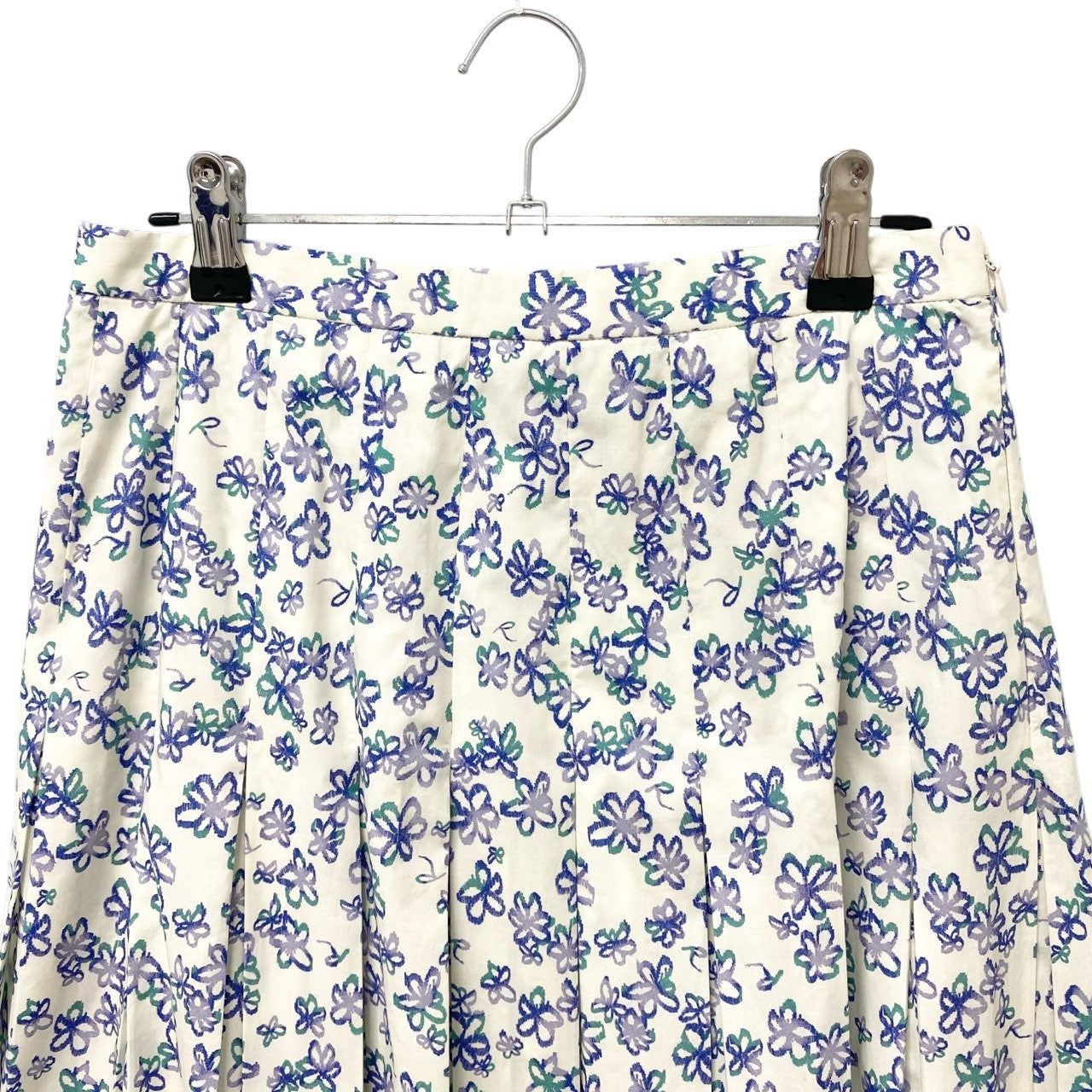 75c13 ROCHAS ロシャス ペイントフラワー 花柄 ロングスカート フレアスカート 40 アイボリー ブルー コットン イタリア製u02t