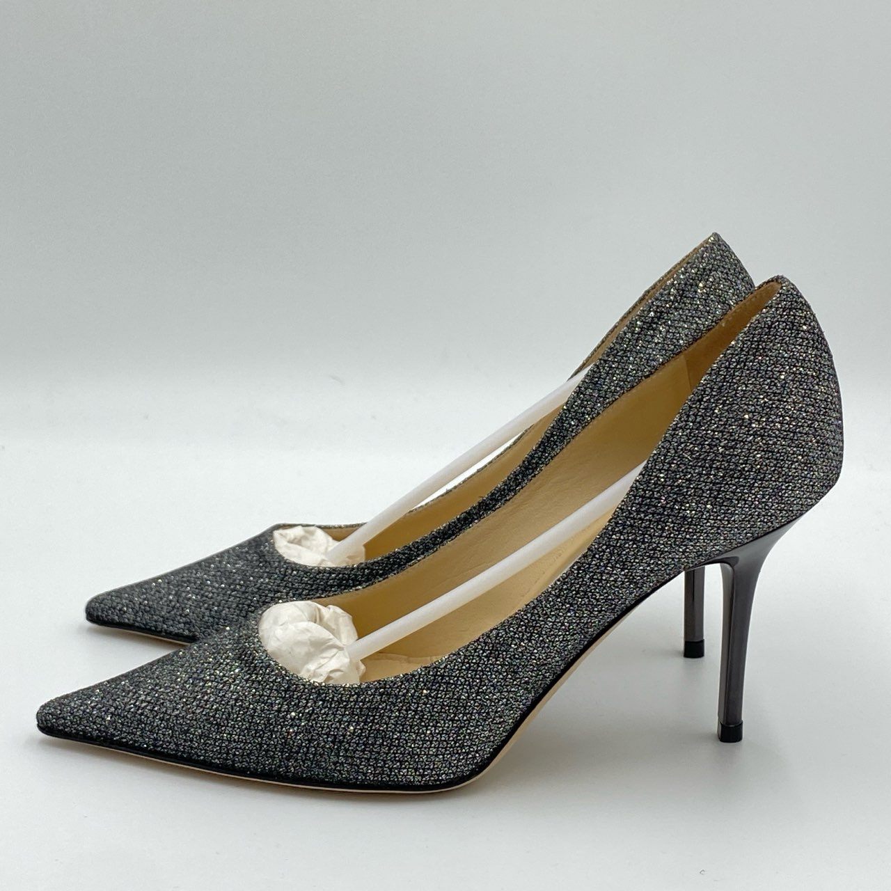 5h29《極美品》定価￥75.900 JIMMY CHOO ジミーチュウ AGNES アニエス グリッター パンプス 34 1/2 シルバー ラメ 結婚式 パーティ セレモニー 箱 保存袋t18r