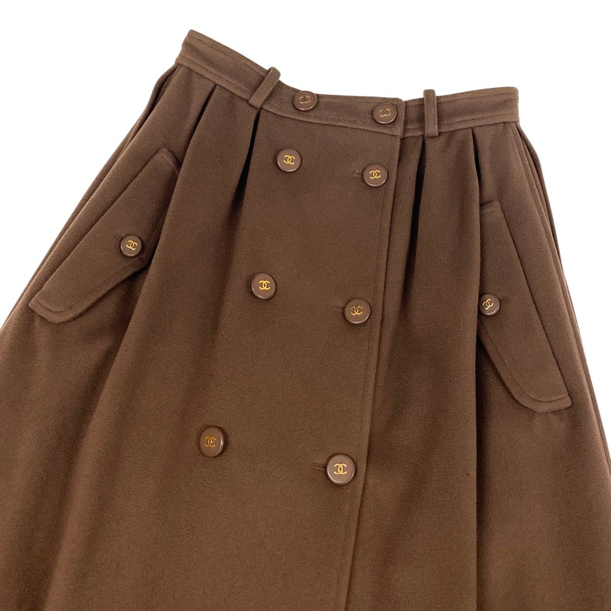 h17 【新品保管品】CHANEL シャネル 1995AW ヘビーメルトン プリーツ ダブルスカート ココマークボタン P05794 40サイズ ブラウン カシミヤ100％ レディース 女性用k02i