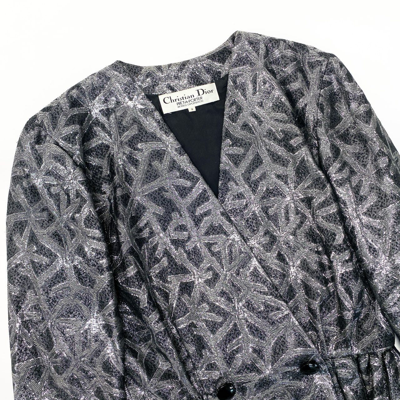 Aa28 Christian Dior クリスチャンディオール Vintage ビンテージ ジャケット ペプラム 総柄 アウター 9サイズ シルバー レディース 女性用o07t