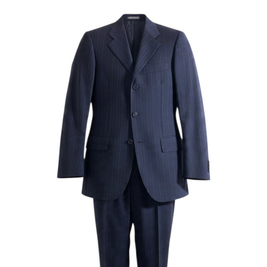 30j23 【美品】Salvatore Ferragamo サルヴァトーレフェラガモ スーツセットアップ テーラードジャケット スラックス ストライプ 44サイズ ネイビー ウール100％ メンズ 男性用u02t
