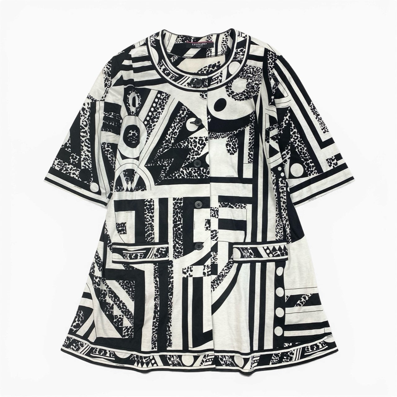 6b12 LEONARD レオナール 半袖カーディガン 美しいプリント チュニック丈 総柄 0359139 Lサイズ ホワイト ブラック コットン100％ レディース 女性用u02t