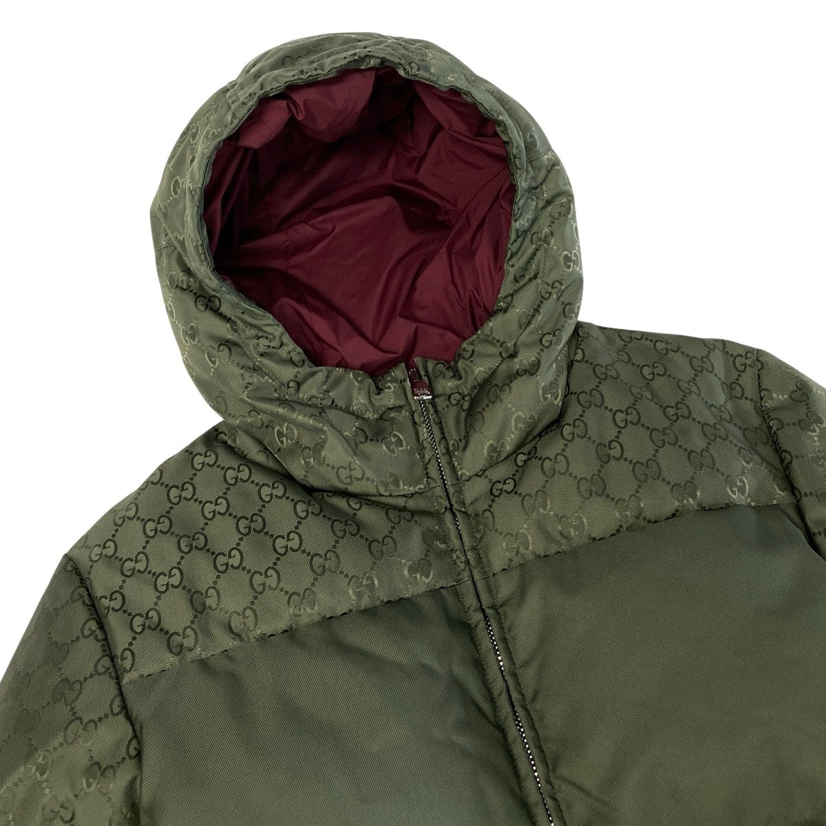 j26 【極美品】GUCCI ダウンジャケット GGジャガード アウター イタリア製 46サイズ カーキ ポリエステル100％ レディース 女性用k02i