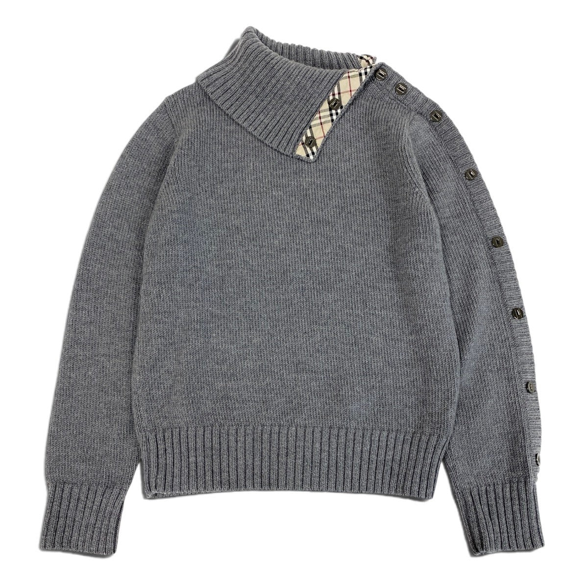 Ei3 【美品】 Burberry LONDON バーバリーロンドン タートルネック ニットセーター サイドボタン ノバチェック サイズ1 グレー ウール100％ レディースk02i