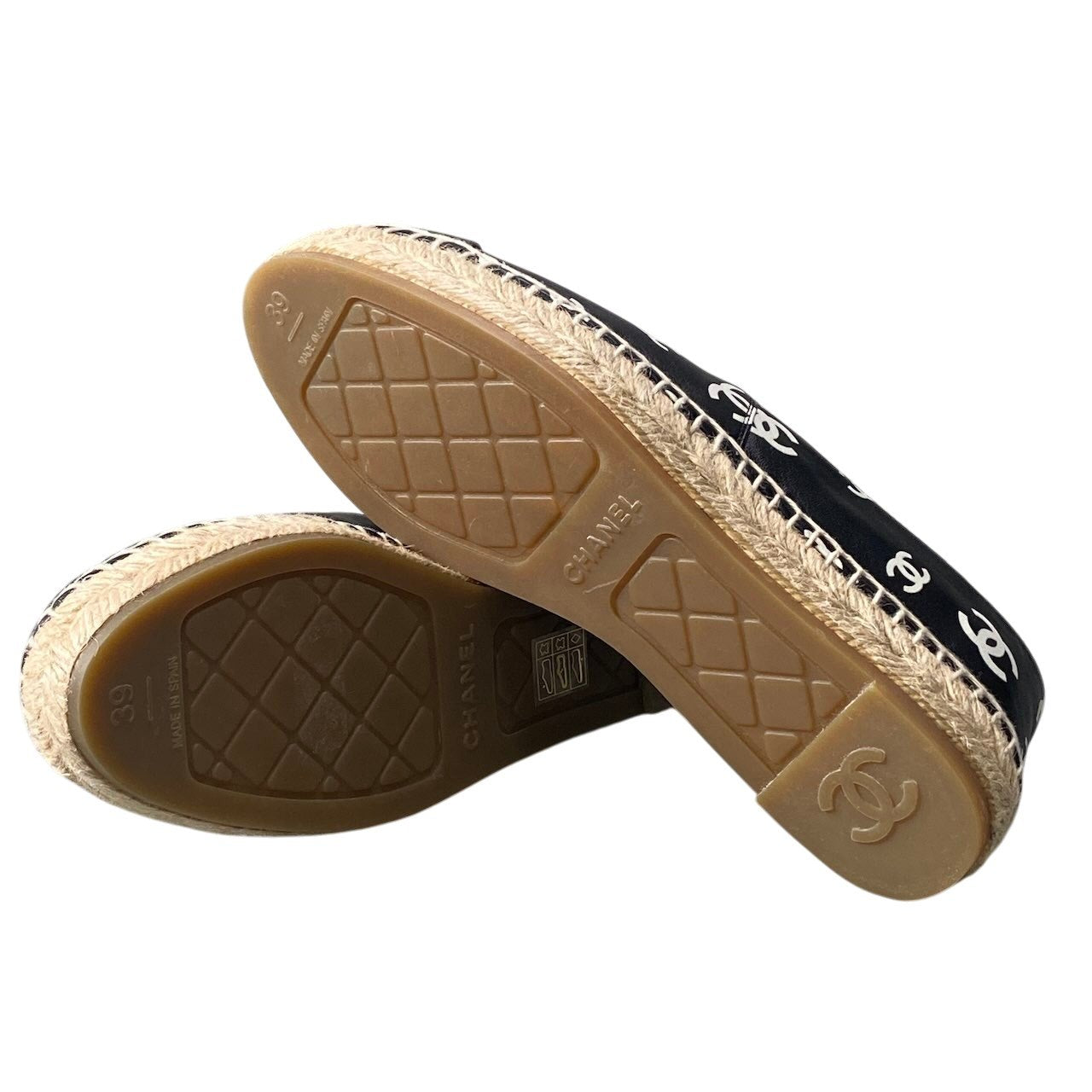 e13 CHANEL シャネル エスパドリーユ フラットシューズ ココマーク レザー G38628 サイズ39 ブラック レディース 女性靴ta1
